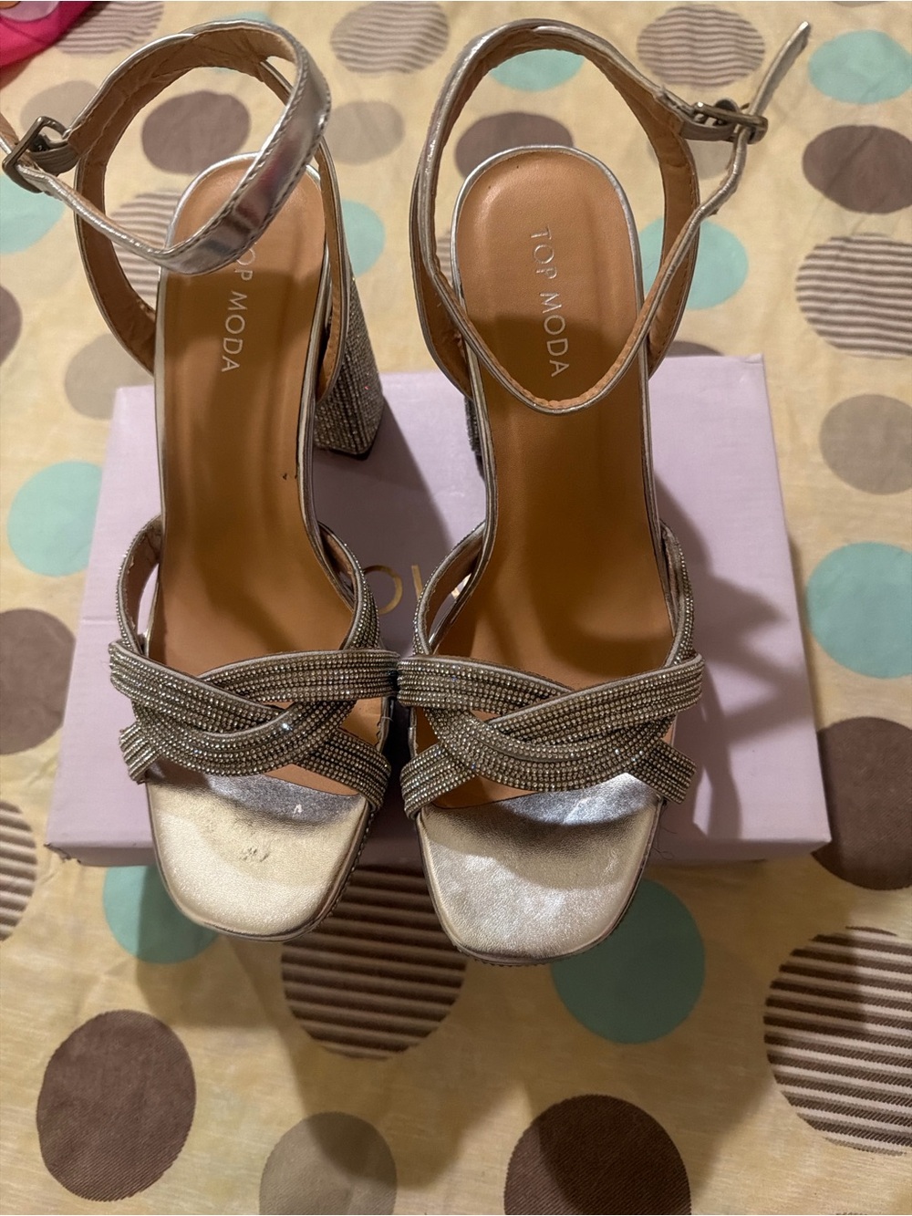 TOP Moda Silver Metallic Braided Strap Block Heel Sandals